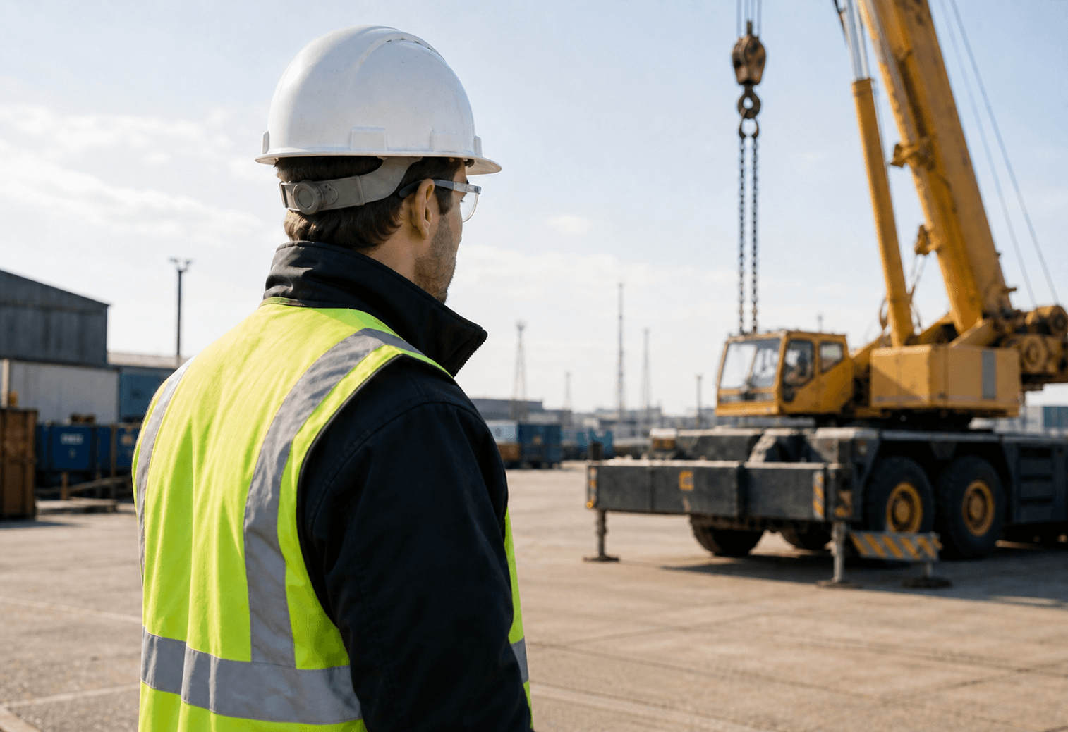 Industrial operator monitoring lifting equipment in a crane yard